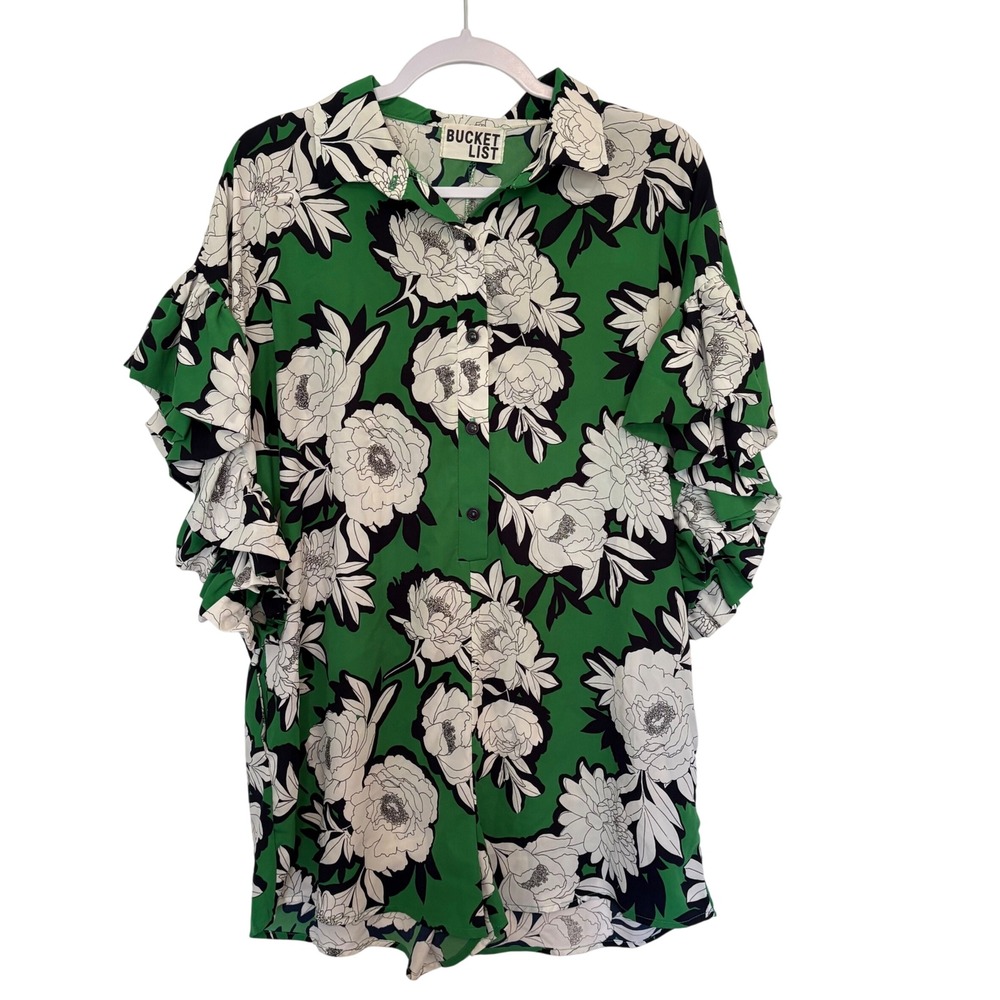 Bucket List Green Floral Romper S Ruffle Cascade Sleeve Coquette Cottagecore
